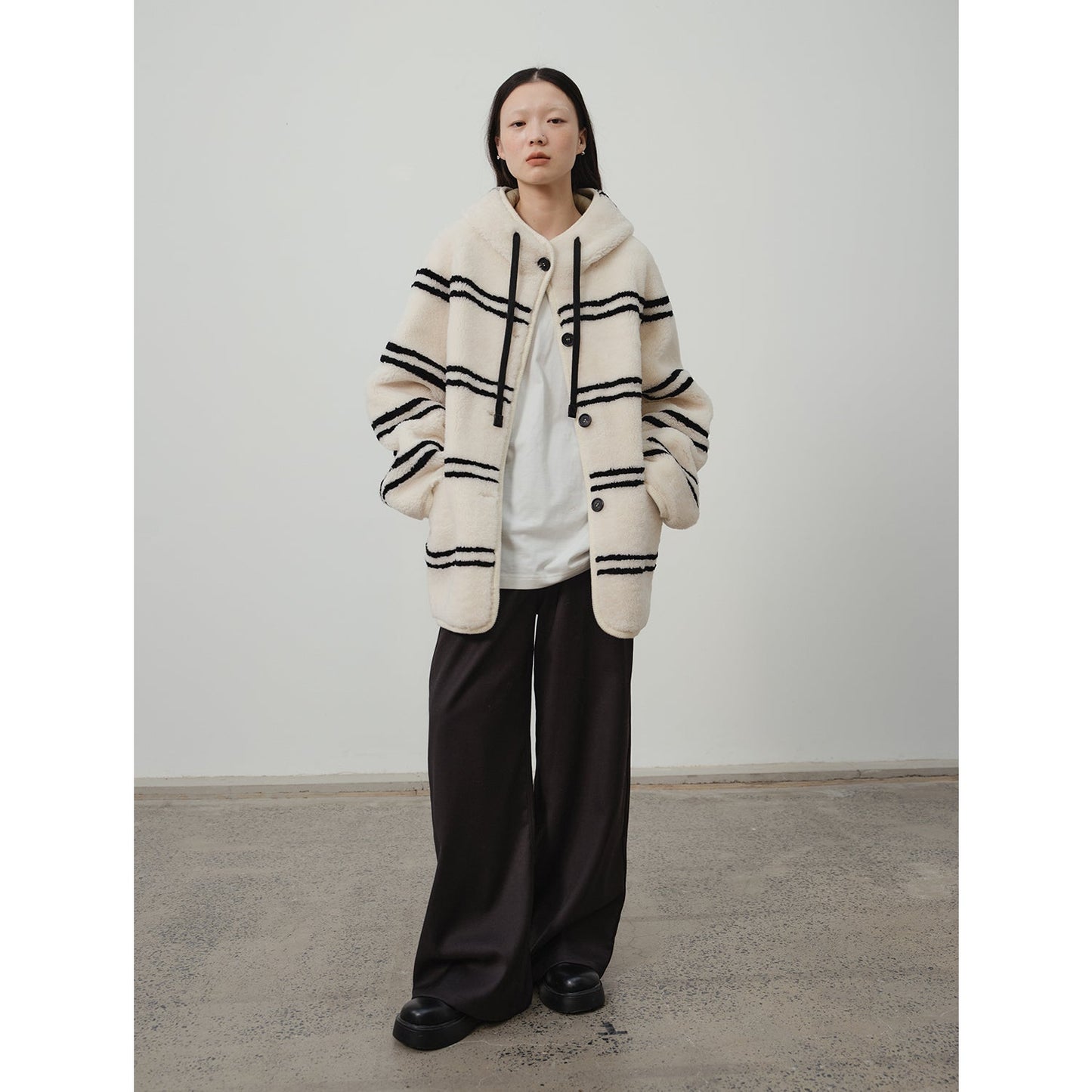 Snowy New Year Merino Sheepskin Lamb Wool Striped Jacket-3