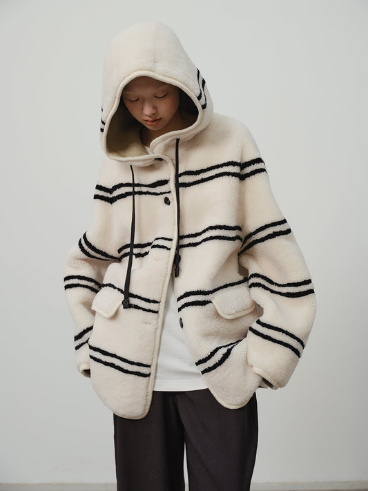 Snowy New Year Merino Sheepskin Lamb Wool Striped Jacket-2