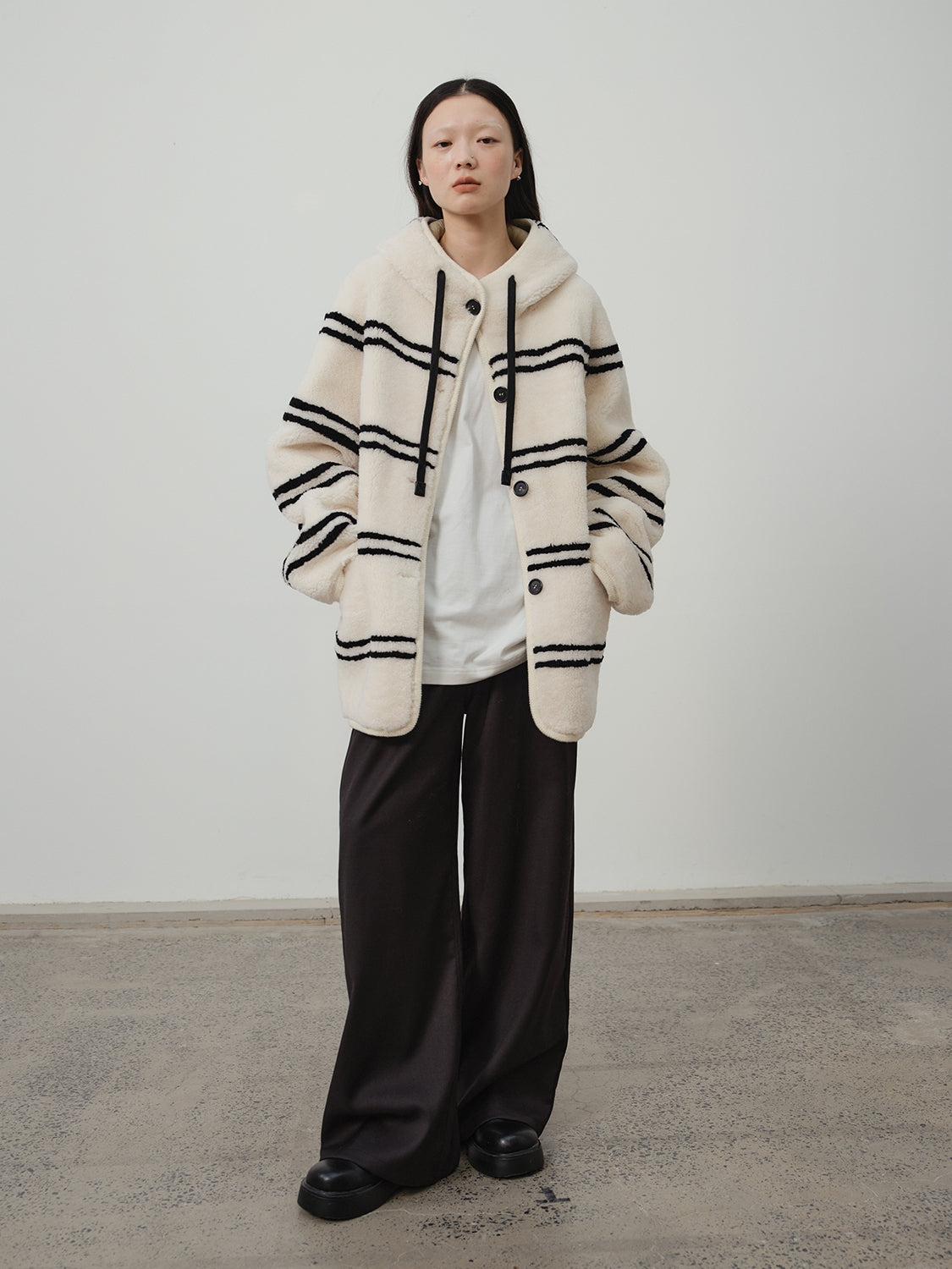 Snowy New Year Merino Sheepskin Lamb Wool Striped Jacket-4