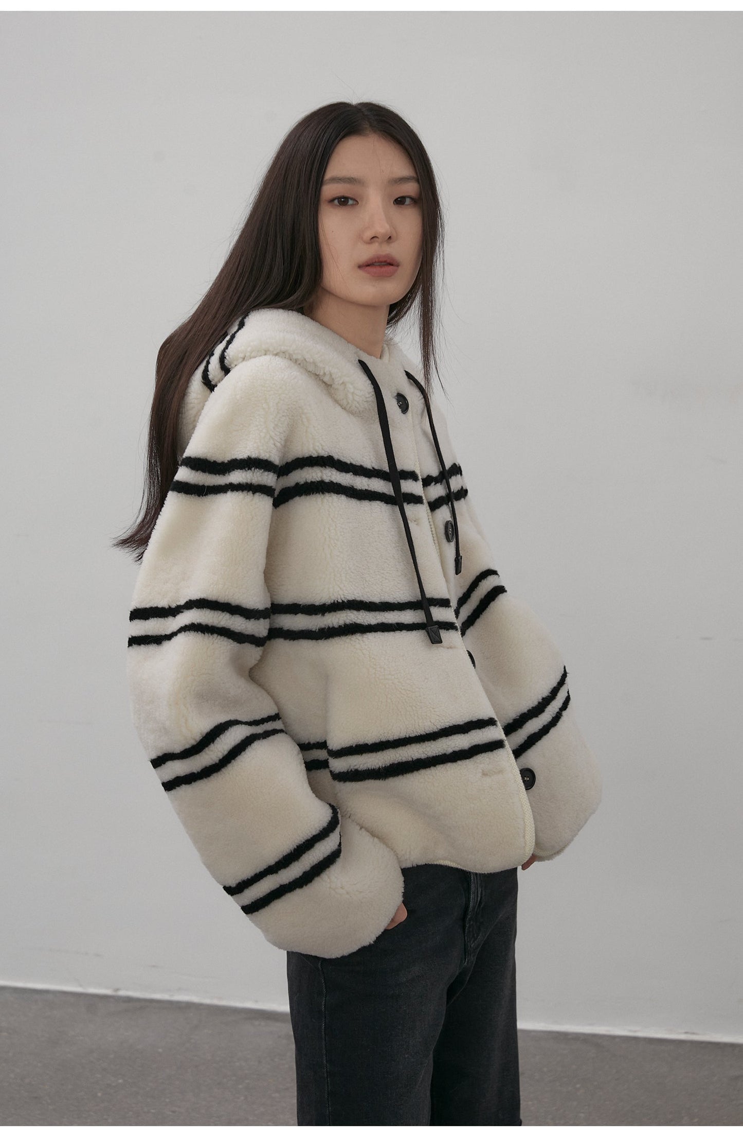 Snowy New Year Merino Sheepskin Lamb Wool Striped Jacket-5