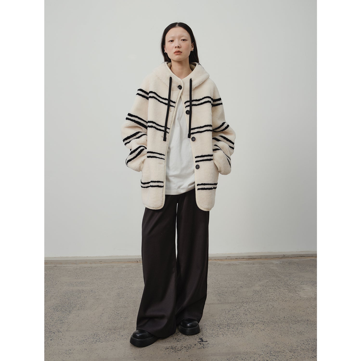 Snowy New Year Merino Sheepskin Lamb Wool Striped Jacket-3