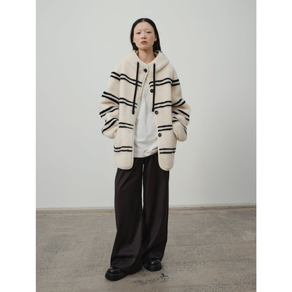 Snowy New Year Merino Sheepskin Lamb Wool Striped Jacket-3