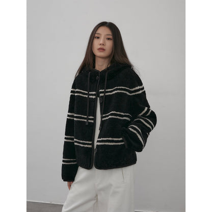 Snowy New Year Merino Sheepskin Lamb Wool Striped Jacket-1